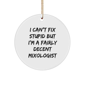 Funny Mixologist Gifts - I Can't Fix Stupid But I'm A Fairly Decent Mixologist White Circle Ornament, Gifts from Friends to Mixologists - Image 1