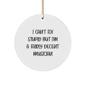 Funny Musician Christmas Unique Gifts for Musicians - 'I Can't Fix Stupid But I'm A Fairly Decent Musician' Circle Ornament - Image 1