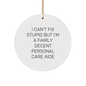 Funny Personal Care Aide Gifts from Friends - I Can't Fix Stupid But I'm A Fairly Decent Personal Care Aide, Circle Ornaments for Christmas Unique Gifts for Personal Care Aides - Image 1
