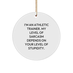 Funny Athletic Trainer Circle Ornament Gifts from Friends and Family for the Holiday Season - 'I'm An Athletic Trainer. My Level Of Sarcasm Depends On Your Level Of Stupidity.' - Image 1