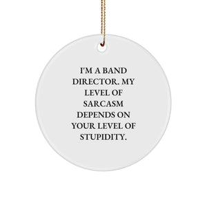 Funny Band Director Gifts, 'I'm A Band Director. My Level Of Sarcasm Depends On Your Level Of Stupidity.' Circle Ornament for Christmas, Gifts from Friends and Family - Image 1