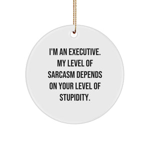 Witty Executive Gifts from Friends and Family - Funny Circle Ornament for Men and Women - I'm An Executive. My Level Of Sarcasm Depends On Your Level Of Stupidity. - Image 1