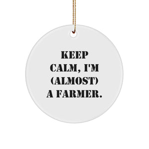 Funny Farmer Gifts for Men, 'Keep Calm I'm (almost) A Farmer' Circle Ornament, Christmas Unique Gifts from Friends - Image 1