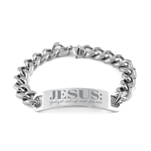 Motivational Christian Stainless Steel Bracelet, Jesus: Your get-out-of-hell-free card., Inspirational Christmas , Family, Anniversary  Gifts For Christian Men, Women, Girls & Boys – front view