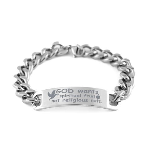 Image of Motivational Christian Stainless Steel Bracelet, God wants spiritual fruit, not religious nuts., Inspirational Christmas , Family, Anniversary  Gifts For Christian Men, Women, Girls & Boys – front view