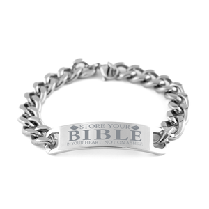 Motivational Christian Stainless Steel Bracelet, Store your Bible in your heart, not on a shelf., Inspirational Christmas , Family, Anniversary  Gifts For Christian Men, Women, Girls & Boys – front view