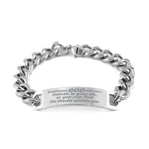 Motivational Christian Stainless Steel Bracelet, Sometimes God will put a Goliath in your life, so you can find the David within you., Inspirational Christmas , Family, Anniversary  Gifts For Christian Men, Women, Girls & Boys – front view