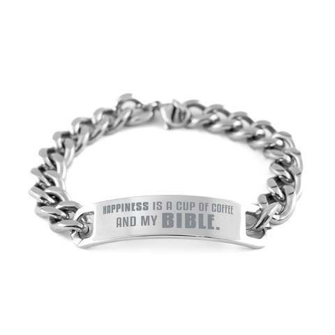 Image of Motivational Christian Stainless Steel Bracelet, Happiness is a cup of coffee and my Bible., Inspirational Christmas , Family, Anniversary  Gifts For Christian Men, Women, Girls & Boys – front view