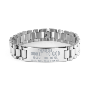 Motivational Christian Stainless Steel Bracelet, Therefore submit to God. Resist the devil and he will flee from you., Inspirational Christmas , Family, Anniversary  Gifts For Christian Men, Women, Girls & Boys