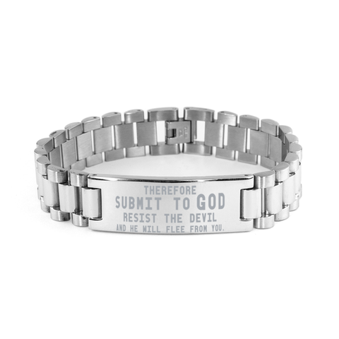 Image of Motivational Christian Stainless Steel Bracelet, Therefore submit to God. Resist the devil and he will flee from you., Inspirational Christmas , Family, Anniversary  Gifts For Christian Men, Women, Girls & Boys