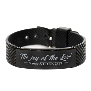 Motivational Christian Black Shark Mesh Bracelet, The joy of the Lord is your strength. , Inspirational Christmas , Family, Anniversary  Gifts For Christian Men, Women, Girls & Boys