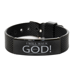 Motivational Christian Black Shark Mesh Bracelet, I Will Walk with God!, Inspirational Christmas , Family, Anniversary  Gifts For Christian Men, Women, Girls & Boys