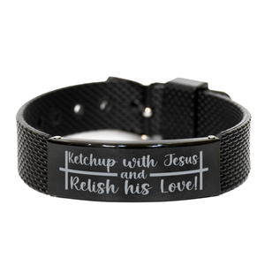 Motivational Christian Black Shark Mesh Bracelet, Ketchup with Jesus and relish his love!, Inspirational Christmas , Family, Anniversary  Gifts For Christian Men, Women, Girls & Boys