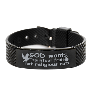 Motivational Christian Black Shark Mesh Bracelet, God wants spiritual fruit, not religious nuts., Inspirational Christmas , Family, Anniversary  Gifts For Christian Men, Women, Girls & Boys