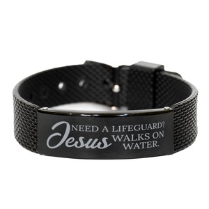 Motivational Christian Black Shark Mesh Bracelet, Need a lifeguard? Jesus walks on water., Inspirational Christmas , Family, Anniversary  Gifts For Christian Men, Women, Girls & Boys