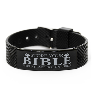 Motivational Christian Black Shark Mesh Bracelet, Store your Bible in your heart, not on a shelf., Inspirational Christmas , Family, Anniversary  Gifts For Christian Men, Women, Girls & Boys