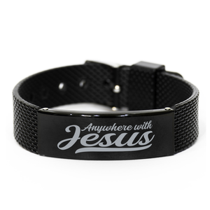 Motivational Christian Black Shark Mesh Bracelet, Anywhere with Jesus., Inspirational Christmas , Family, Anniversary  Gifts For Christian Men, Women, Girls & Boys