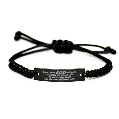 Image of Motivational Christian Black Rope Bracelet, Sometimes God will put a Goliath in your life, so you can find the David within you., Inspirational Christmas , Family, Anniversary  Gifts For Christian Men, Women, Girls & Boys – front view