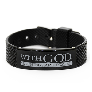Motivational Christian Black Shark Mesh Bracelet, With God, all things are possible, Inspirational Christmas , Family, Anniversary  Gifts For Christian Men, Women, Girls & Boys