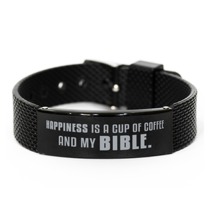 Motivational Christian Black Shark Mesh Bracelet, Happiness is a cup of coffee and my Bible., Inspirational Christmas , Family, Anniversary  Gifts For Christian Men, Women, Girls & Boys