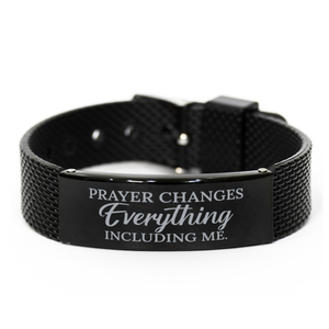 Motivational Christian Black Shark Mesh Bracelet, Prayer changes everything