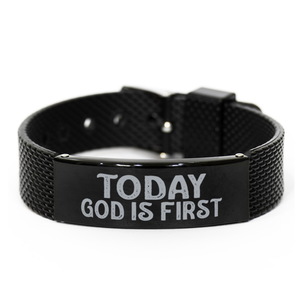 Motivational Christian Black Shark Mesh Bracelet, Today God Is First, Inspirational Christmas , Family, Anniversary  Gifts For Christian Men, Women, Girls & Boys