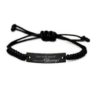 Motivational Christian Black Rope Bracelet, Get rich quick! Count your blessings!, Inspirational Christmas , Family, Anniversary  Gifts For Christian Men, Women, Girls & Boys – front view