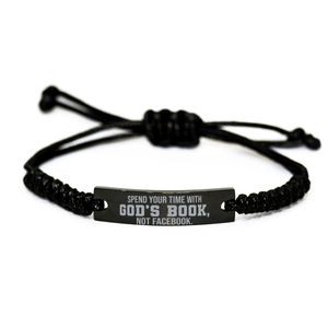Motivational Christian Black Rope Bracelet, Spend your time with God – front view