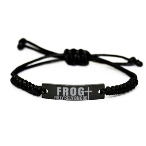Motivational Christian Black Rope Bracelet, FROG  – front view