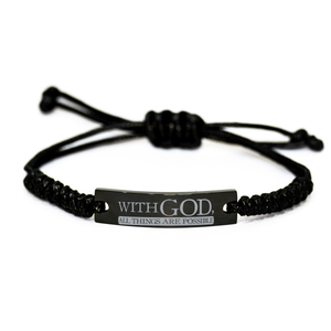 Motivational Christian Black Rope Bracelet, With God, all things are possible, Inspirational Christmas , Family, Anniversary  Gifts For Christian Men, Women, Girls & Boys – front view
