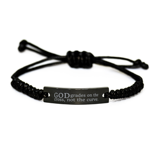 Motivational Christian Black Rope Bracelet, God grades on the cross, not the curve., Inspirational Christmas , Family, Anniversary  Gifts For Christian Men, Women, Girls & Boys – front view