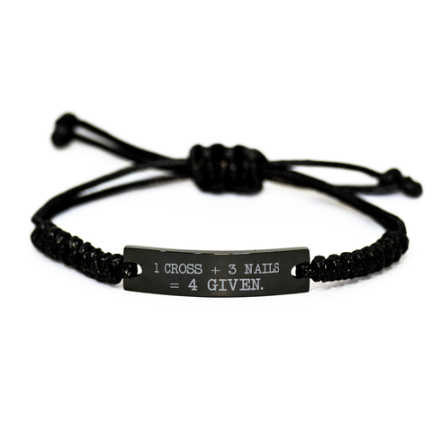 Image of Motivational Christian Black Rope Bracelet, 1 cross + 3 nails = 4 given., Inspirational Christmas , Family, Anniversary  Gifts For Christian Men, Women, Girls & Boys – front view