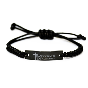 Motivational Christian Black Rope Bracelet, Transformed, not conformed., Inspirational Christmas , Family, Anniversary  Gifts For Christian Men, Women, Girls & Boys – front view