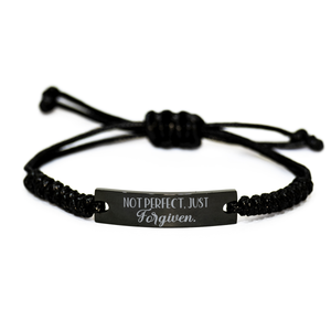Motivational Christian Black Rope Bracelet, Not perfect, just forgiven., Inspirational Christmas , Family, Anniversary  Gifts For Christian Men, Women, Girls & Boys – front view