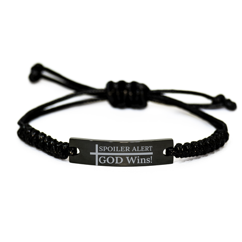 Image of Motivational Christian Black Rope Bracelet, Spoiler Alert  – front view