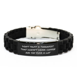 Funny Therapist Gifts for Men, Women, and Friends - Don't Trust a Therapist That Doesn't Drink Coffee and Say F--k a Lot Glide lock Clasp Bracelet - Christmas Unique Gifts - Image 1
