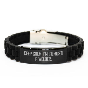 Funny Welder Gifts for Men, Glide lock Clasp Bracelet, 'Keep Calm, I'm (almost) A Welder', Black Stainless Steel, Silicone, Adjustable, for Graduation, Gifts from Friends, Family, Coworkers - Image 1