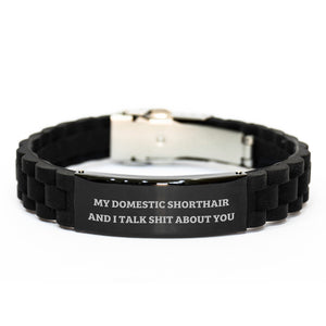 Domestic Shorthair Cat Gifts from Friends for Graduation Unique Treasures, Funny Quotes, Glide lock Clasp Black Stainless Steel Silicone Adjustable Charm - Image 1