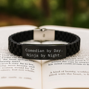 Comedian By Day Funny Ninja Gifts for Him Graduation Unique, Funny Glide lock Clasp Bracelet, Comedian by Day Ninja by Night Inspirational Quote Silver Black Stainless Steel Silicone
