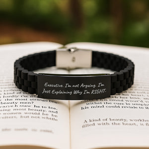 Executive Gifts for Men, Funny Quote Glide lock Clasp Bracelet, Adjustable Black Stainless Steel Silicone, Gifts from Coworkers, Unique Graduation Presents for Him