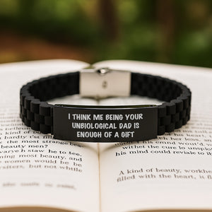 Funny Unbiological Dad Gifts from Men, Unique Graduation Gifts for Unbiological Dad, Glide lock Clasp Black Stainless Steel Adjustable Silicone Bracelet
