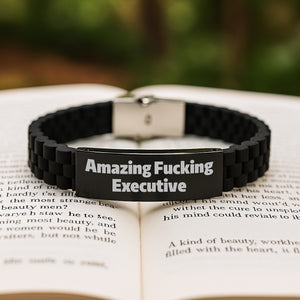 Funny Executive Gifts from Men for Amazing F--king Executive Birthdays - Adjustable Glide lock Clasp Black Black Stainless Steel Silicone Bracelet