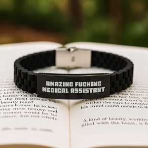 Funny Medical Assistant Gifts for Men from Friends - Glide lock Clasp Bracelet, Black Stainless Steel, Adjustable - Amazing F--king Medical Assistant Quote for Graduation