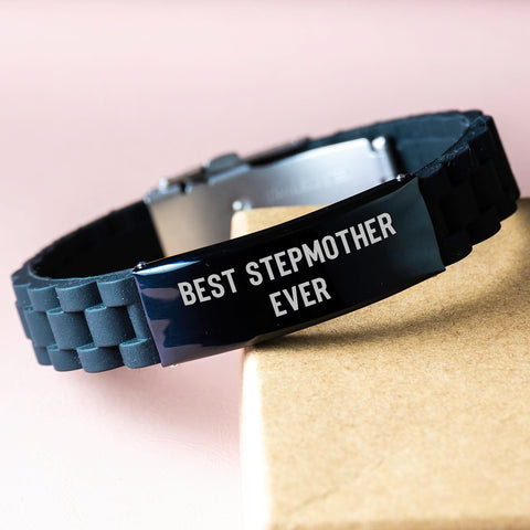 Image of Funny Stepmother Gifts Best Ever Glide lock Clasp Birthday Jewelry from Family to Stepmother, Adjustable Black Stainless Steel Silicone Silver - Image 3