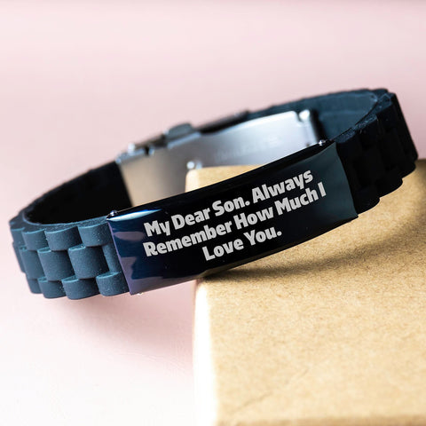 Image of Inspirational Son Gifts for Graduation - My Dear Son Always Remember How Much I Love You. - Glide lock Clasp Black Stainless Steel Silicone Adjustable Bracelet, Gifts from Mom to Son - Image 3
