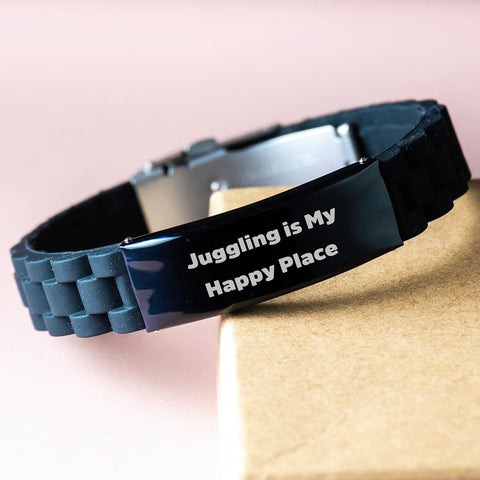 Image of Inspiring Juggling Gifts for Graduation, 'Juggling Is My Happy Place' Quote Glide lock Clasp Black Stainless Steel Silicone Adjustable Men's Women's Friend's Coworker's Family Unique Gifts - Image 3