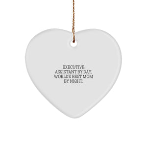 Executive Assistant Gifts, Funny Quote Heart Ornament, White Heart Shaped, Gifts from Family, Gifts for Executive Assistant By Day, World's Best Mom By Night. - Image 1