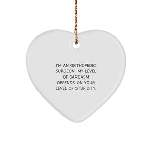 Orthopedic Surgeon Gifts from Friends, Funny Heart Ornament for Christmas, 'I'm an Orthopedic Surgeon, My Level of Sarcasm Depends on Your Level of Stupidity' Quote - Image 1