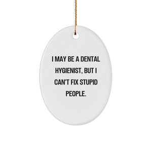Witty Dental Hygienist Oval Ornament Gifts from Friends, Family, Coworkers - 'I May Be A Dental Hygienist, But I Can't Fix Stupid People.' - Image 1