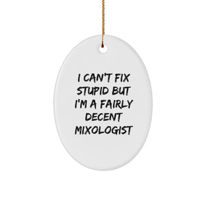 Funny Mixologist Gifts from Friends for Christmas - 'I Can't Fix Stupid but I'm a Fairly Decent Mixologist' Oval Ornament - Image 1
